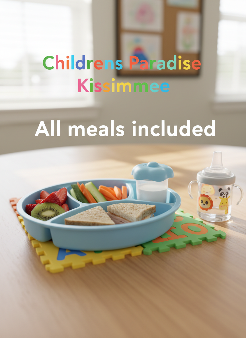 A detailed close-up of a colorful daycare meal tray for “Childrens Paradise Kissimmee,” emphasizing “All meals included,” in bright photographic realism. A rounded, divided plastic tray in pastel sky-blue rests on a smooth, light wood table. Compartments hold appealing, healthy foods: neatly sliced fruit, small veggie sticks, a soft whole-grain sandwich, and a tiny cup of milk with a spill-proof lid. Near the tray sit alphabet-shaped silicone placemats and a cup decorated with cute animal faces. Soft midday window light from the side creates gentle highlights on the tray and subtle shadows on the table, suggesting cleanliness and care. The mood is reassuring and cheerful. Shot from a slightly elevated close-up angle with a shallow depth of field, keeping the tray in sharp focus and the background softly blurred.