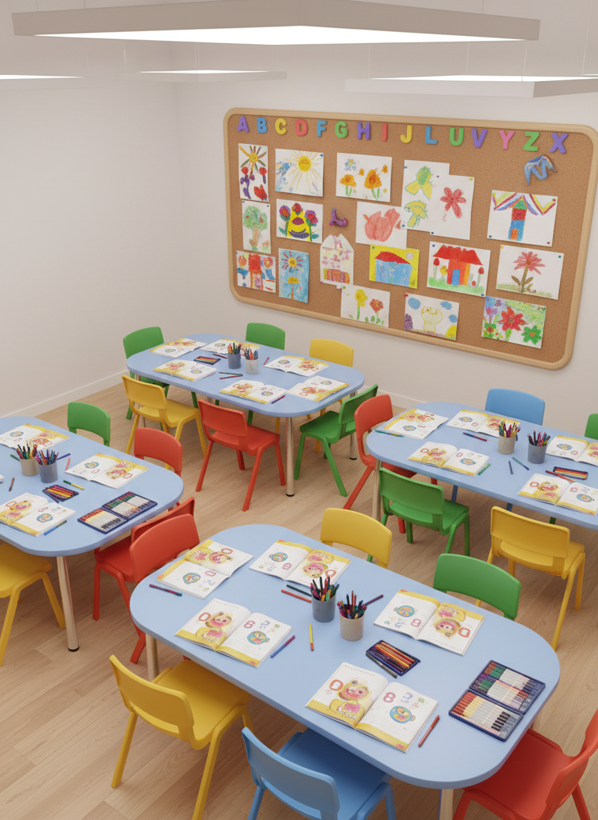 An after-school homework and creativity zone inspired by “Childrens Paradise Kissimmee,” shown in clean, bright photographic realism. Low, rounded rectangular tables in soft sky-blue are paired with colorful, stackable chairs around them. Each tabletop has neatly arranged crayons, markers, and workbooks featuring letters, numbers, and friendly animal illustrations. In the background, a large corkboard with rounded corners displays neatly pinned, vibrant children’s-style artwork (no signatures or names visible), framed by decorative alphabet borders. Overhead LED panels create even, cheerful lighting with minimal harsh shadows. The mood is focused yet fun. Captured from an overhead three-quarter angle, the composition emphasizes the neat arrangement of supplies and the energetic, organized space ideal for after-school activities.