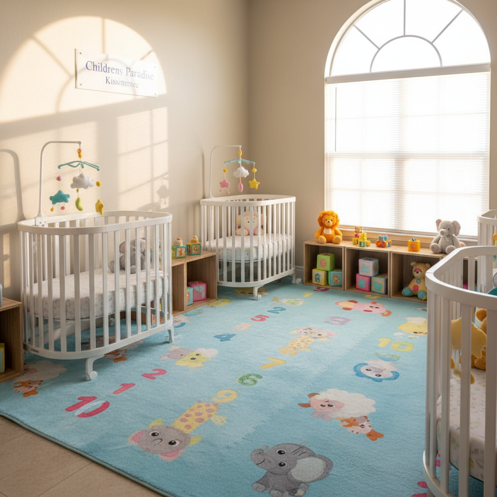 A cozy infant care corner in a daycare setting, designed for “Childrens Paradise Kissimmee,” captured in vibrant photographic realism. A soft, padded play mat in pastel sky-blue with printed numbers and baby animals covers the floor, surrounded by rounded, white wooden cribs with colorful mobiles of clouds and stars. Plush animal toys and sensory blocks are neatly arranged in open cubbies. Diffused morning light filters through a high window, creating a gentle glow and soft shadows that emphasize safety and comfort. The atmosphere feels nurturing and peaceful yet playful. Composed at eye-level from one corner of the room, the image shows depth with the cribs receding into the background, while maintaining clarity and bright, energetic colors that match a family-friendly daycare brand.