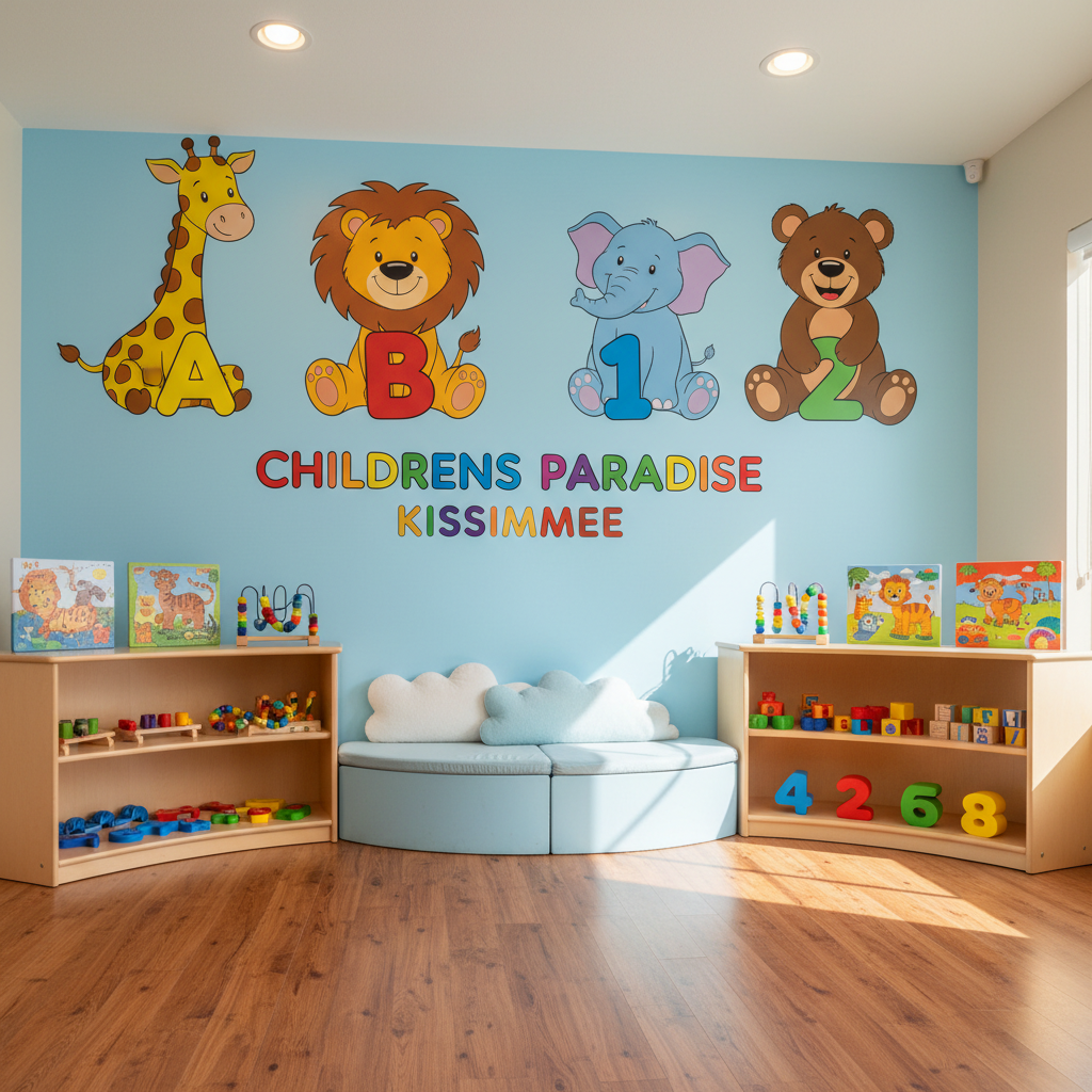 A playful preschool learning area for “Childrens Paradise Kissimmee,” featuring a sky-blue accent wall covered with large, smiling cartoon animals holding bold alphabet letters and numbers. In front, rounded wooden shelving units display colorful puzzles, counting beads, and chunky letter blocks. A curved reading bench with cushions shaped like clouds sits below the wall. Warm overhead lighting combines with natural afternoon light from an unseen window, creating lively highlights and soft, inviting shadows. The mood is energetic and educational. Shot at child-height with a slightly wide angle, the composition places the animal alphabet mural on the rule of thirds, with toys leading the eye into the scene. Photographic realism with bright colors and a whimsical, organized layout that communicates fun learning.
