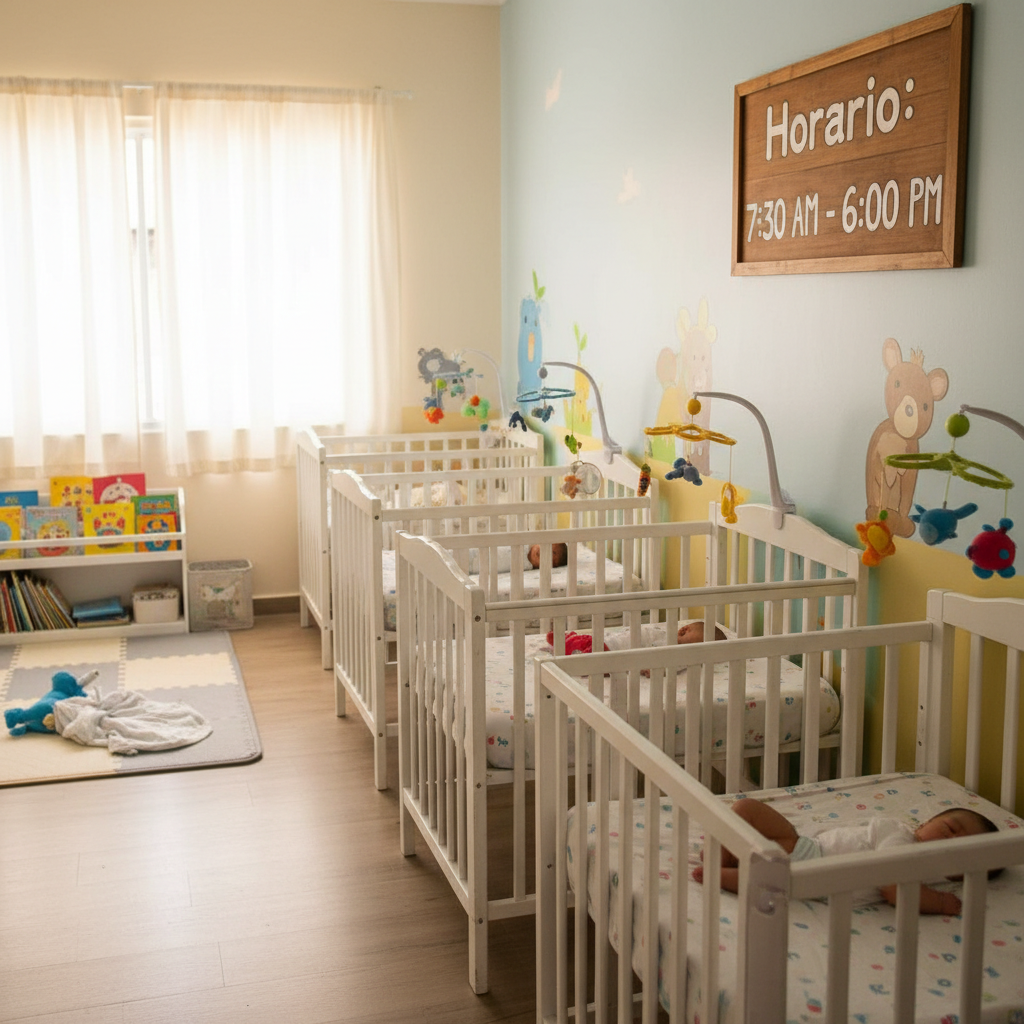 Imagen realista de un salón de day care con niños en las cunas, diseñada con IA. Agrega el texto: Horario: 7:30 AM - 6:00 PM en un lugar destacado de la imagen. Que la imagen mantenga el aspecto realista y cálido del cuidado infantil.